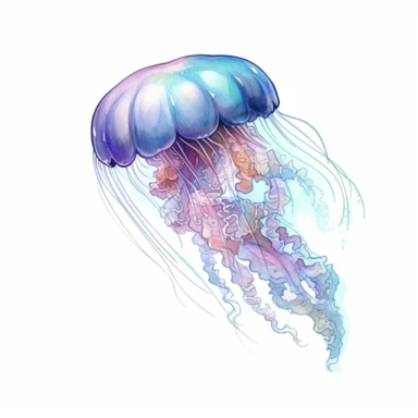 A clipart of a jellyfish floating gracefully in the ocean depths, crafted in watercolor style, all on a white background.
