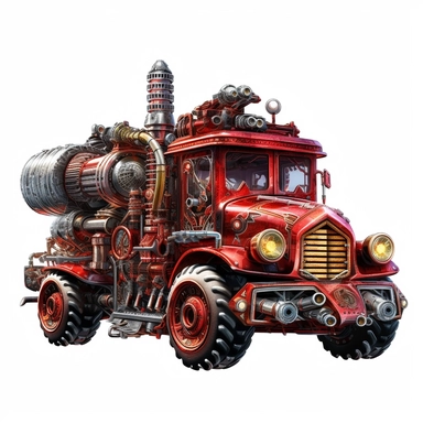 Futuristic red Firetruck, Steampunk style Gears, High detail, metallic colors, isolated on a white background, clipart--s 800