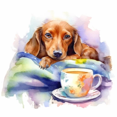 Dachshund curled up cozily on a fluffy blanket, surrounded by colorful pillows and a warm cup of tea, capturing the comfort and relaxation of a lazy afternoon, white background, watercolor clipart.