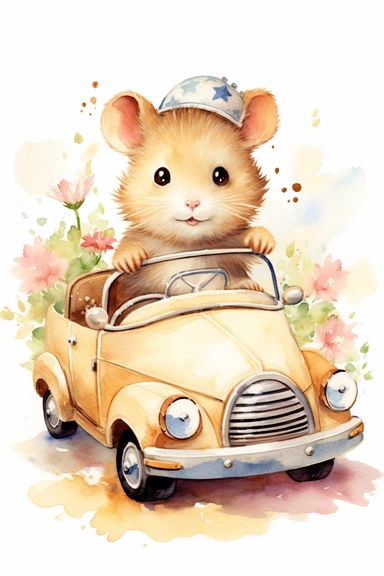 Create a watercolor clipart picture of a hamster driving a car, white background. The hamster should have a cute and happy expression, with its fur depicted in soft watercolor textures. Surround the hamster with small flowers and greenery, adding a whimsical touch to the scene.