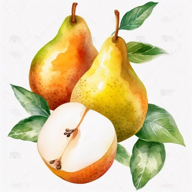 An pear fruit with a slice cut out, placed on a plate or tray with other fruits or desserts, Watercolor, pastels, clipart, beautiful, colourfull, png transparent white background, high resolution, no caption q4 s2