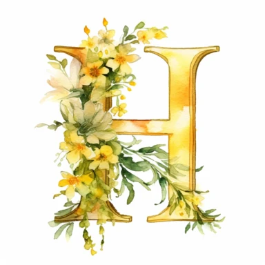 watercolor, Clipart, Golden Monogram, Capital Letter [H] decorated with white flowers, yellow tone