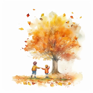 watercolor style, realistic autumn scenery, kids throwing leaves under the autumn tree, kids close up, clipart, isolated on white background, 4K