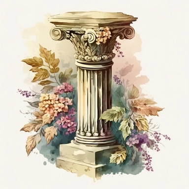 grecian column with flowers, watercolour style, clipart