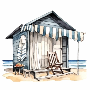 watercolour beach hut clipart illustration, on an isolated clean white background, with black ink outline and black border, cut out