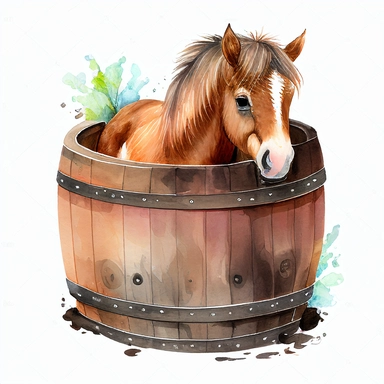 Watercolor animal ,Cute horse lies in a wooden barrel,clipart ,on white background