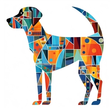 A clip art illustration of a dog with abstract shapes and patterns, on a white background, inspired by modern art movements such as Cubism or Abstract Expressionism, on a white background,