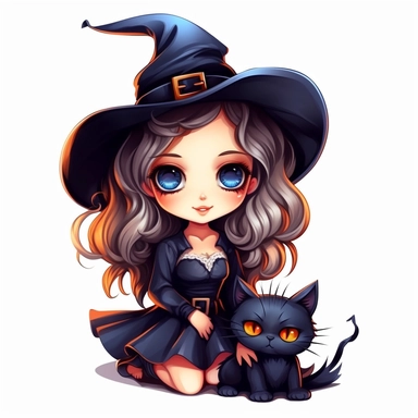 Little cute cartoon witch with a cat as clipart on a white background