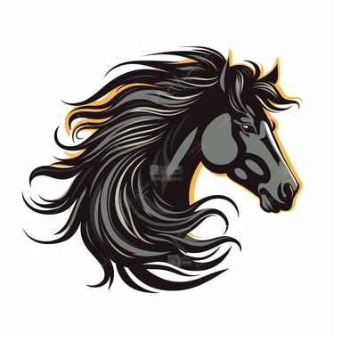Clip Art, 2d, Flat Vector, BLACK ARABIAN Breed Horse With WHITE Extremely long thick Mane LOGO on White Background, NO TEXT, NO WATERMARK,