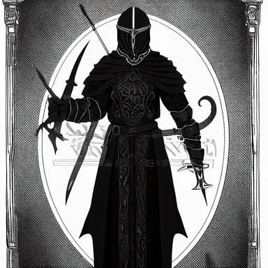 medieval character concept, black cloaked mercenary in plate armor, representing death, feminine form, png, png cut out, dark blacks, intricate detail, symmetrical design clipart,