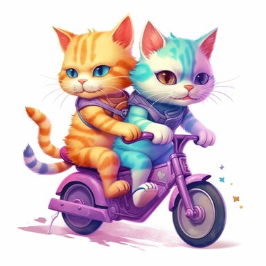 isometric illumination of ultra realistic cute colorful cat and kitten riding bike,spaced out, sublimation clipart, watercolors and pencil style, isolated on white, ultra-detailed, high quality, ghibli style, award winning, soft realism, chiaroscuro, fire