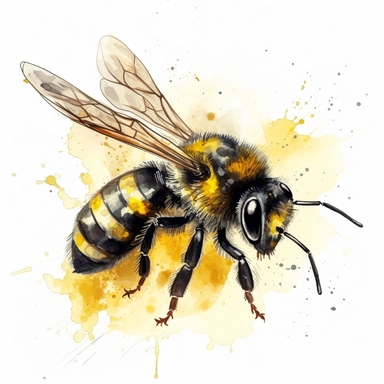 honey bee clipart with vibrant yellow and black stripes, delicate wings, and a playful expression, a gentle and artistic feel, with translucent layers and loose brushstrokes that enhance the bee's lively presence, no text, white background