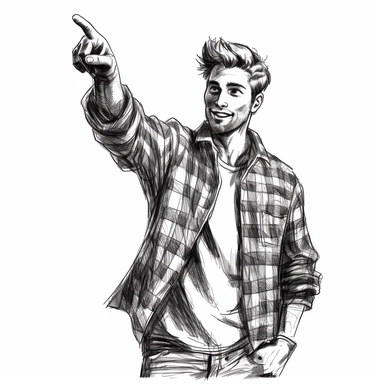 Man in flannel shirt, one hand pointing up, black line drawing, Clipart