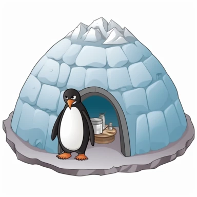 clipart of a penguin in front of an igloo, whilst eating a fish, 8k quality