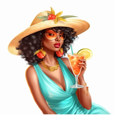 pretty black girl, Sun Straw Hat Wide Brim Summer Hat Foldable Roll up Floppy Beach Hats, pretty, holding a cocktail drink, cyan outfit, 4k, hd, clipart