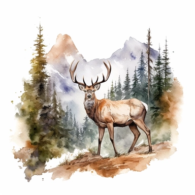 watercolor style, buck deer with the mountain forest in the back clipart, isolated on white background, hd