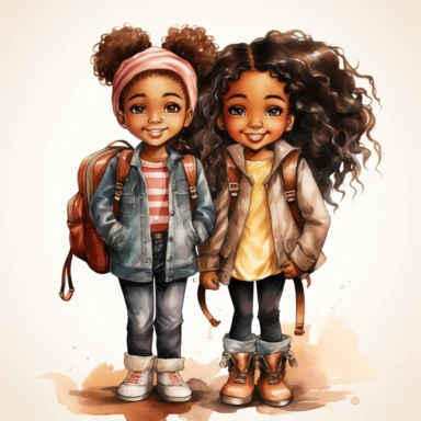 watercolor hand drawn ,Cute little African American girlschool , best friends ,with backpack and book, full body, Cartoon, Sublimation Clipart,illustration style, high solution, png transparent background, white background for removing background - - no text shadow font watermark