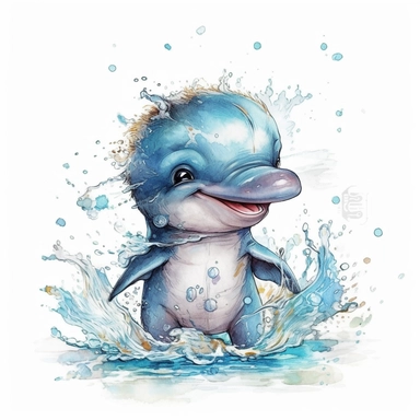 happy cute baby dolphin for kids playing with funny items, cartoon, highly detailed, watercolor, clipart, illustration, digital painting, paper crafting, no signature, no text