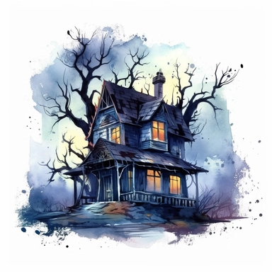 scary haunted house, dead trees, watercolor, clipart, white background, grotesque, sketchfab, under the moonlight, eerie color scheme, creepy color palette