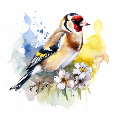 An endearing watercolor European goldfinch bird clipart of European goldfinch bird playing with elements 300DPI