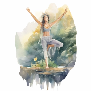 enchanted Front illumination of ultra realistic watercolor of full body of a cute country happy person, doing yoga pose in nature ,deep meaning, profound, highly detailed and realistic, insane quality, mystic, wiccan, art nouveau art style, clipart witchcore dreamcore cottagecore, good looking meditation, yoga calm, serene, healthy, white background no text, isolated on white, watercolor illustration, award winning, strong and sharp lines