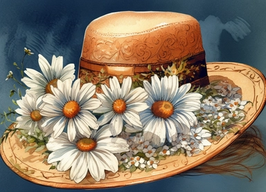 DESIGN A MAGNIFICENT AND EXQUISITE BREATHTAKING ONE-OF-A-KIND HIGH QUALITY HIGHLY DETAILED MASTERPIECE WATERCOLOR CLIPART ILLUSTRATION OF A cowgirl hat with daisies on a blue background, in the style of tranquil gardenscapes, beige and amber, photo-realistic drawings, wiesław wałkuski, happenings, pictorial fabrics, flickr