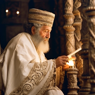professional close-up photo taken from above when a 50-years-old (grey-bearded) Jewish kohen in classic white abaya is reading (Torah scrolls) in the Temple of the (ancient) Jerusalem in the time of Jesus, unscrolled scroll, gold ornaments on walls, menorahs, focal length 200mm, Canon, real photo, hyper realistic, high quality, high detailed, Realistic, 4k, 8k, ultra detailed, cinematic lighting, natural blur, photorealism, cinematic rendering, ray tracing, highest quality, highest detail, Cinem
