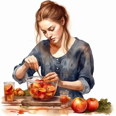 create a one of a kind high quality highly detailed saturated beautiful WATERCOLOR CLIPART ILLUSTRATION OF A girl mixing and chopping RED APPLES for pie, in the style of fashion illustrations, ceramic, highly detailed illustrations, i can't believe how beautiful this is, azure and amber, ferrania p30, detailed character illustrations