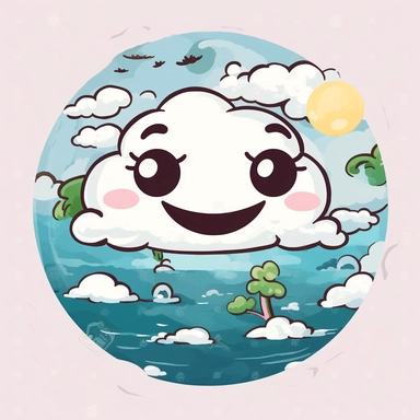 Clipart of a mystical landscape of planet Earth. Round image with cute kawaii cartoon eyes and a cartoon smile with a white background