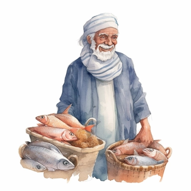 an happy old man selling fish in the market, ancient egipht, clipart, watercolor, no lettering, no image noise, white background