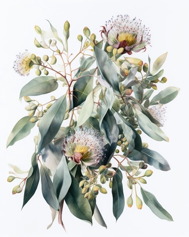 Watercolor Painting of Eucalyptus FLOWERS on white background beautiful multi - headed pale, Flora Design Patterns, Flemish Baroque by Rachel Ruysch, Behance, Rococo, Intricate Detailed, Soft Light Effect, Oil Paint Strokes, Light Academia Aesthetic Flowers, Lighting cinematic, all shown shimmering stamens, tyndall light, light effect, texture, colorful, 8k, fantasy, ray tracing, depth of field, vivid, spectacular lighting, octane rendering, highly detailed, ultra - realistic, white background, 