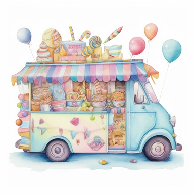 Imagine a brightly colored ice cream truck, with a cheerful exterior covered in whimsical illustrations of candies, cupcakes, and ice cream cones. The truck's body is painted in soft pastel shades of pink, yellow, and blue, making it stand out from afar.At the front of the truck, there's a large serving window framed with colorful streamers and twinkling lights, inviting customers to come and explore its sugary offerings. On either side of the window, there are shelves filled with an array of sw