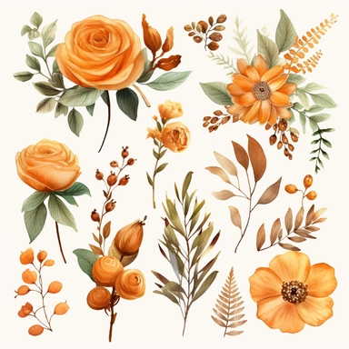 colorful Floral Watercolor Clipart Pack, an elaborate collection of meticulously detailed, autumn - inspired floral and foliage illustrations, rendered in a distinctive watercolor style for commercial use. This set brings forward a vibrant and detailed assortment of orange and brown neutral florals, complemented by an array of lush green leaves, echoing the warm and earthy tones of terracotta. These transparent PNGs are perfect for refined design projects, from wedding invitations to stationery 
