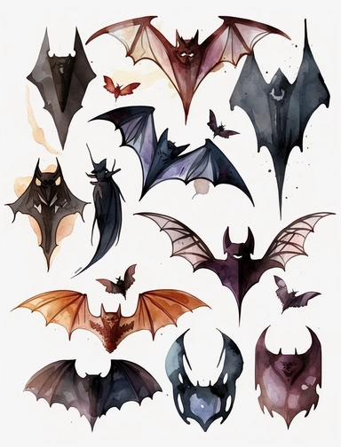 loose simple watercolor clipart of gothic bats, big washes, crisp lines, white bg, modern watercolor drawn by Thomas Smaller