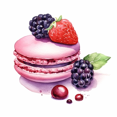 detailed watercolor macaron clipart of one macaron with one blackberry, on white background, vivid colors, bright, sweet and refreshing vibe,