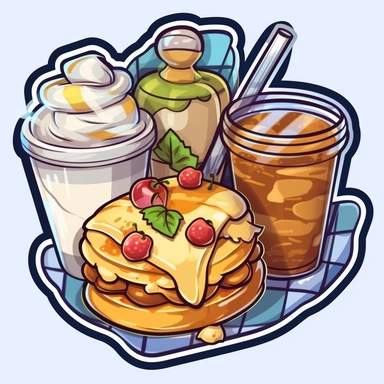 Sticker logo, showcasing camping meals like s'mores, hot dogs, marshmallows, or a coffee cup, evoking the culinary aspect of camping, on transparent background free clipart, in the style of digital painting and drawing, 2d game art, scoutcore, anime-influenced, cabincore, high resolution, light sky-blue and dark maroon