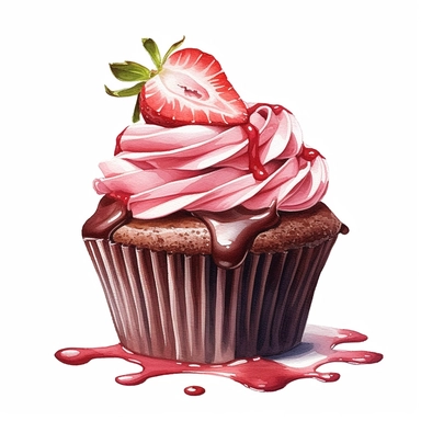 Watercolor Yummy chocolate stawberry cup cake clipart, hd, single object, white background