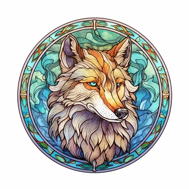 Vintage Colorful Beautiful Round Stained Glass Wolf Sublimation Clipart,Cartoon,hyper realistic, intricate detail, illustration style,high solution,on the white background
