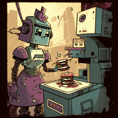 garbage pale kids format, pop surrealism digital art image of broken down, old, rusting, cartoonish, humanoid robot cooking burgers in the kitchen of a fast food restaurant. The robot is wearing tattered, McDonalds style uniform, made of human clothing. The robot is in an art style inspired by artists like Tara McPhereson, Nooligan, and Robin Eisenberg. To be used for digital clipart. Use dull, 1970's style, yellow, green, brown color scheme for the robot.