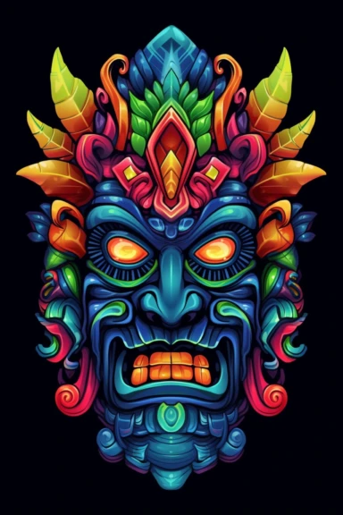 samurai jeweled tiki, clipart, neon on black background, vector