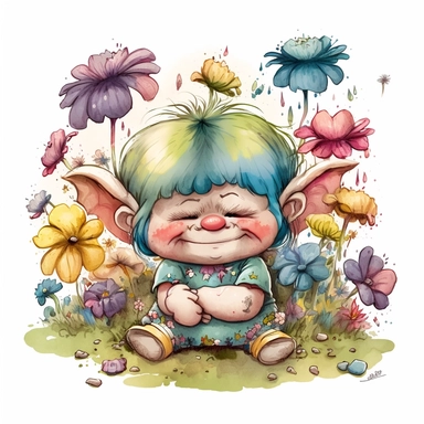 a watercolor clip art character illustration that combines the innocent and angelic expression of Precious Moments with the mischievous and magical attributes of Trolls, sitting in a field of colorful flowers, wearing a big smile and surrounded by fluttering butterflies, white background.