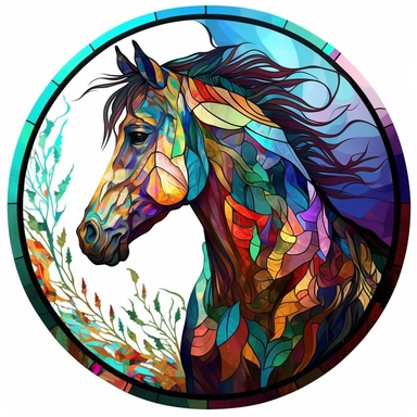 Stained Glass horse ornament,in the style of circular,bright dark colors,full colors,animated mosaics clipart on a white background, shutterstock contest winner, generative art, detailed painting, digital illustration, photoillustration isolated on white background, digital watercolor