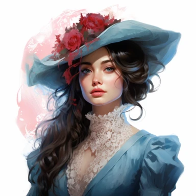 Crazy beautiful brunette victorian lady, speedpainting, ruby red and pastell blue, victorian era clothing,princesscore, pop kei, cartoon realism,white background,clipart