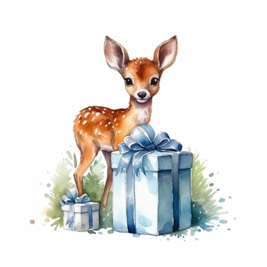 one christma deer and gift box watercolor clipart on a white background, in the style of detailed nature depictions, whimsical drawings , no watermark, text, 300 DPI , typography, shapes do not stick together, no text in the picture, on a white background