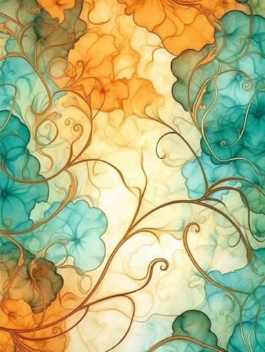 backboard of amberwood, clipart, soft, flowing lines, elegant, Art nouveau, teal and amber color scheme, Alcohol ink watercolor, no background