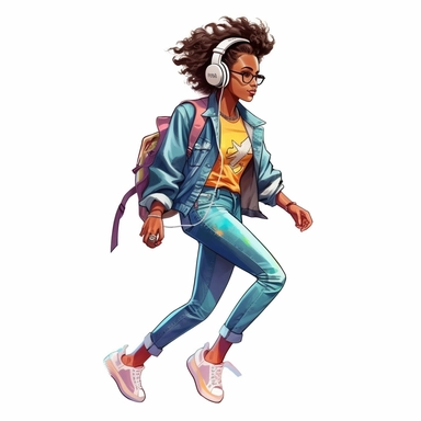 Fashion girl African American illustration clipart isolated white background, rocking a casual urban outfit with headphones and a skateboard, set against a clear white backdrop, conveying a sense of youthful energy and freedom, Digital illustration, raster-based artwork with clear, crisp lines and vibrant colors,