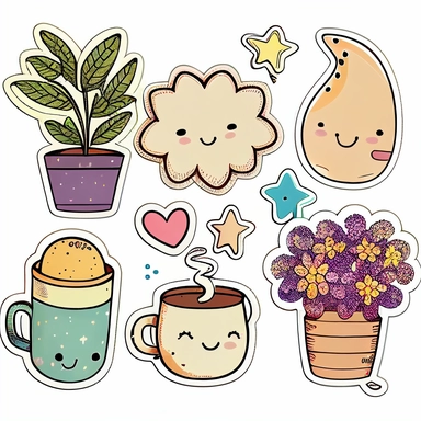 Create a set of five sticker clipart images that could be used to decorate a journal. The images should be cute, colorful, and have a hand-drawn feel. The images could include things like flowers, hearts, stars, animals, and other fun shapes. Each image should be approximately 2 inches in size and have a transparent background, so it can be easily added to any journal page.