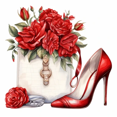 watercolor clipart of vintage red and white two high-heeled shoes and a small handbag, floral, color pencil drawing, nice composition, vector, outline, isolated white background, 16k
