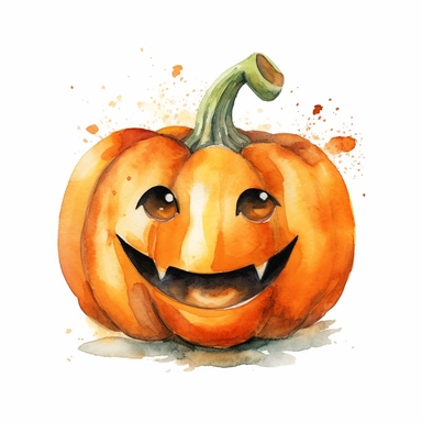 Halloween pumpkin, funny face, watercolor illustration for kids and children, clipart, sublimation, white background