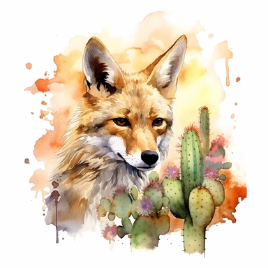 watercolor painting of a Coyote, clipart, watercolor clipart, watercolor splashes, illustration, artsy, desert, tumbleweed, desert flowers, warm colors, white background